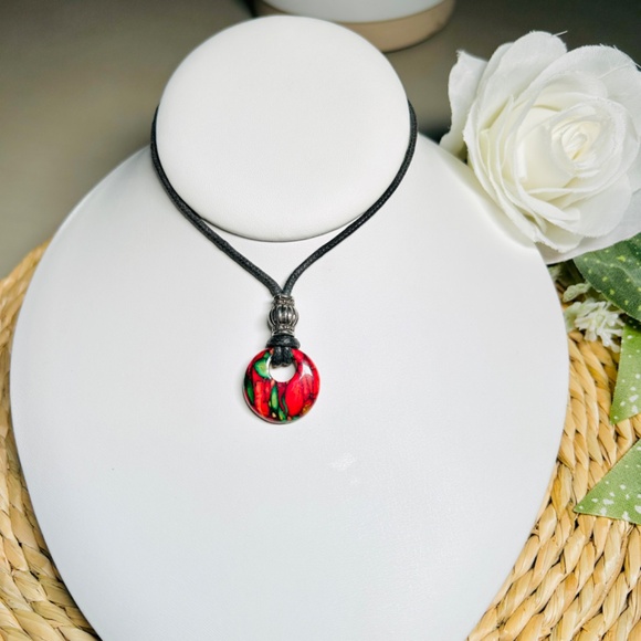Artisan made Enameled Wooden Pendant Choker Necklace - Picture 5 of 9